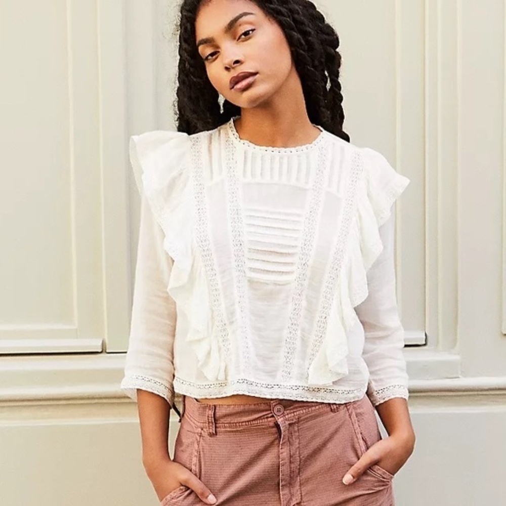 Free People White Ruffled Lace-Trim Blouse